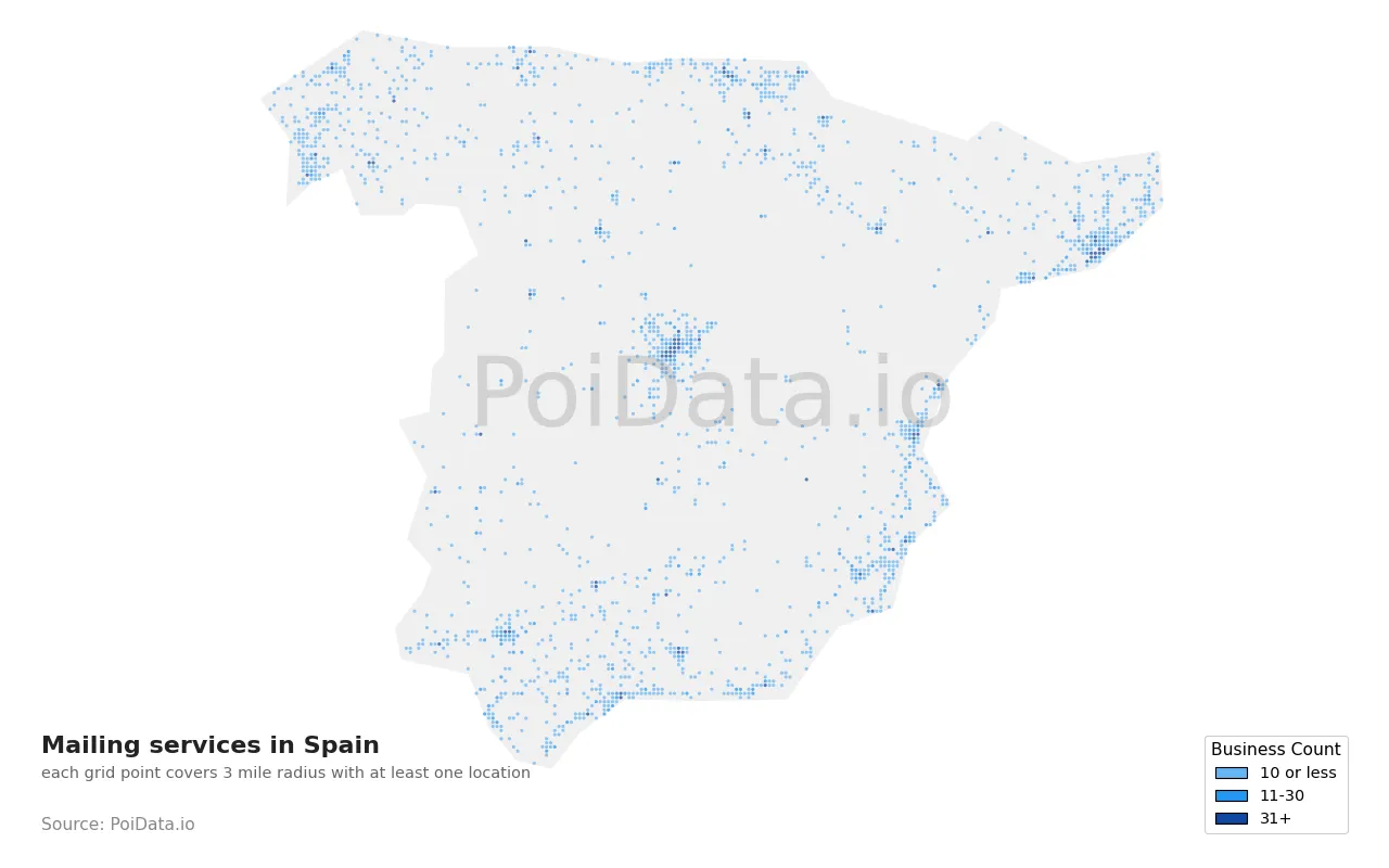 Mailing service density map for Spain