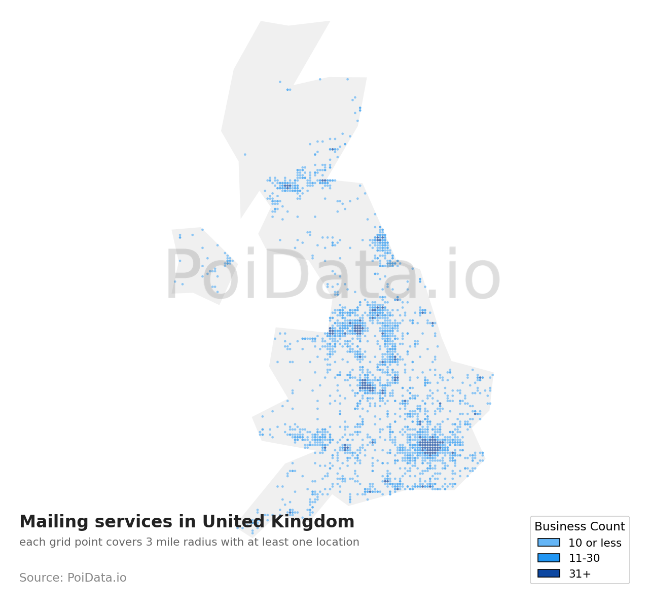 Mailing service density map for United Kingdom