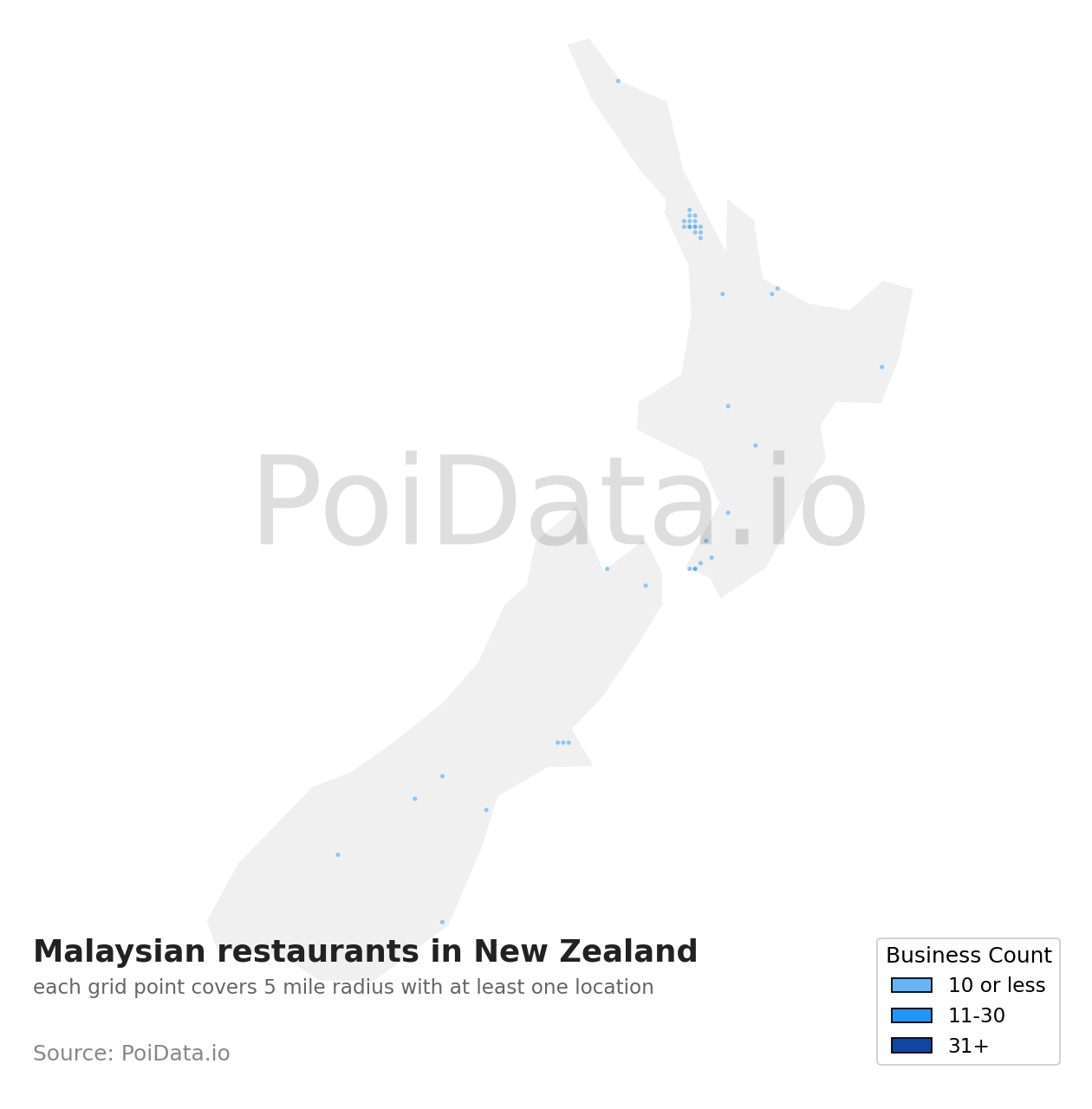 Malaysian restaurant density map for New Zealand