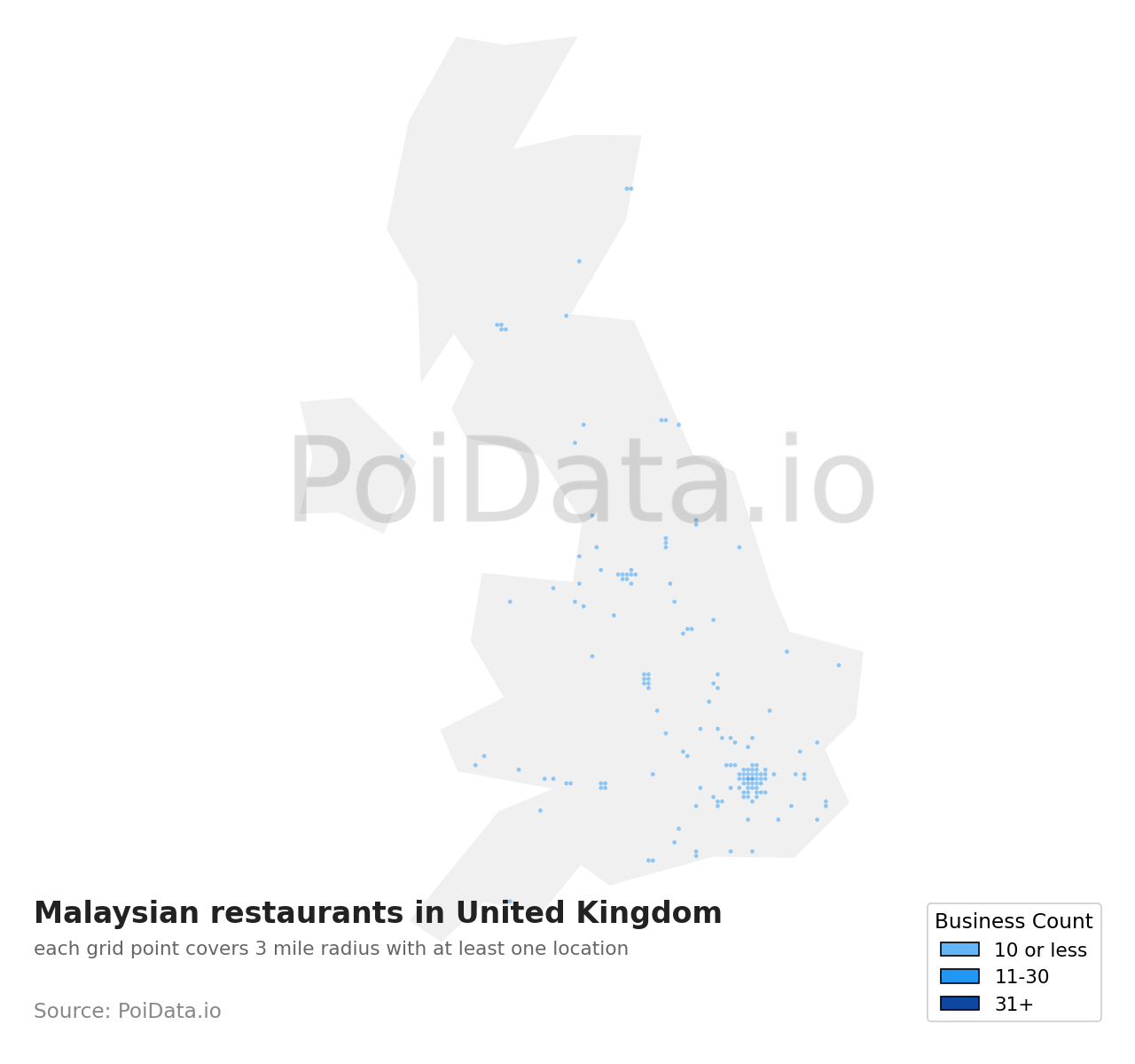 Malaysian restaurant density map for United Kingdom