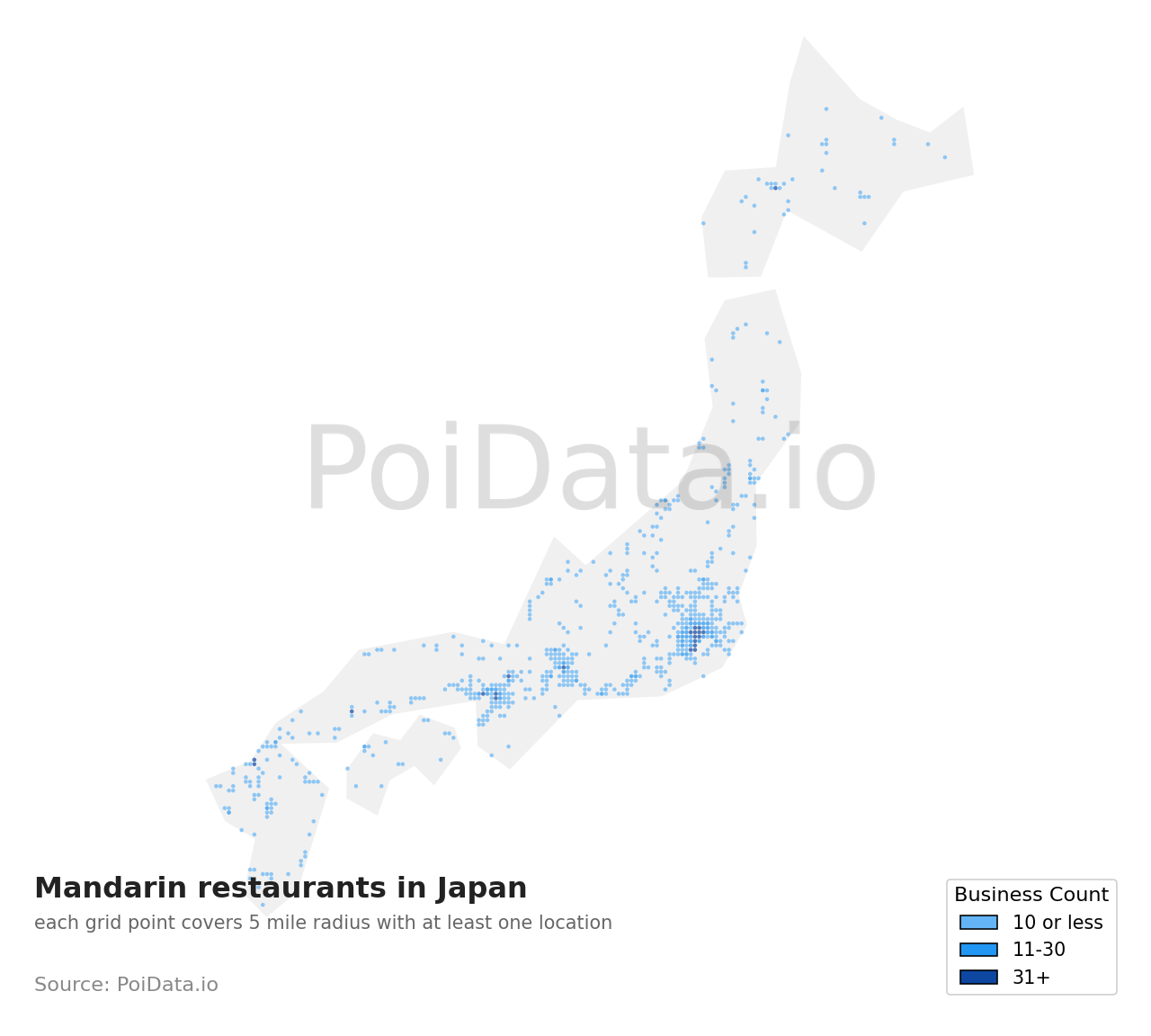Mandarin restaurant density map for Osaka, Japan