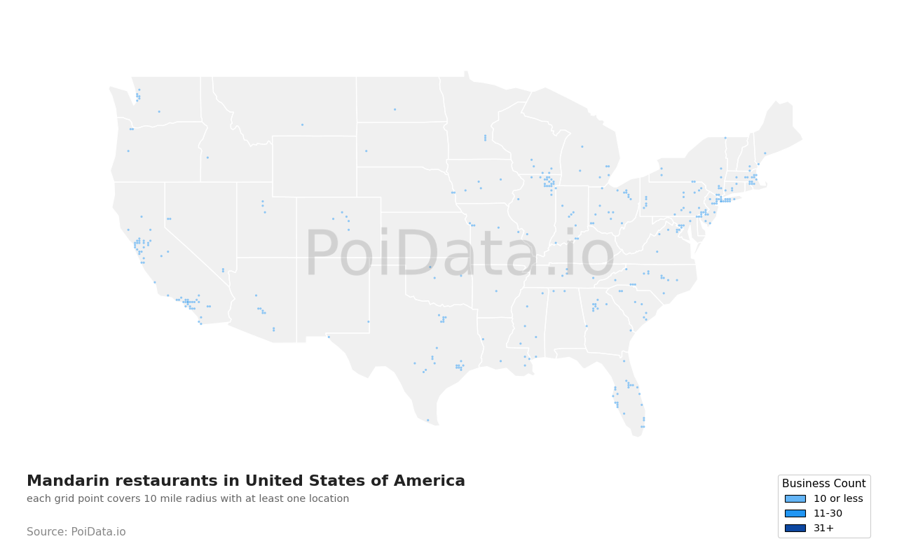 Mandarin restaurant density map for United States