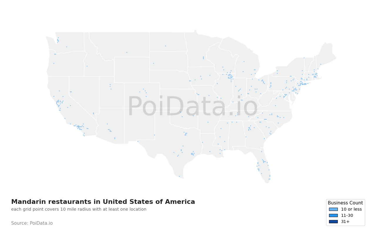 Mandarin restaurant density map for United States