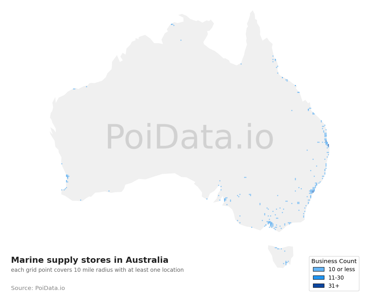 Marine supply store density map for Western Australia, Australia