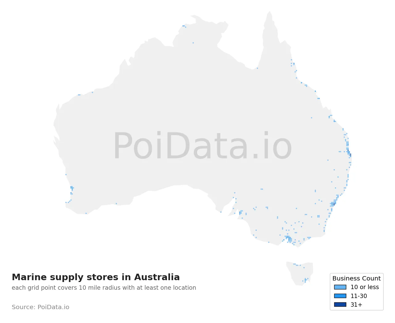 Marine supply store density map for Australia