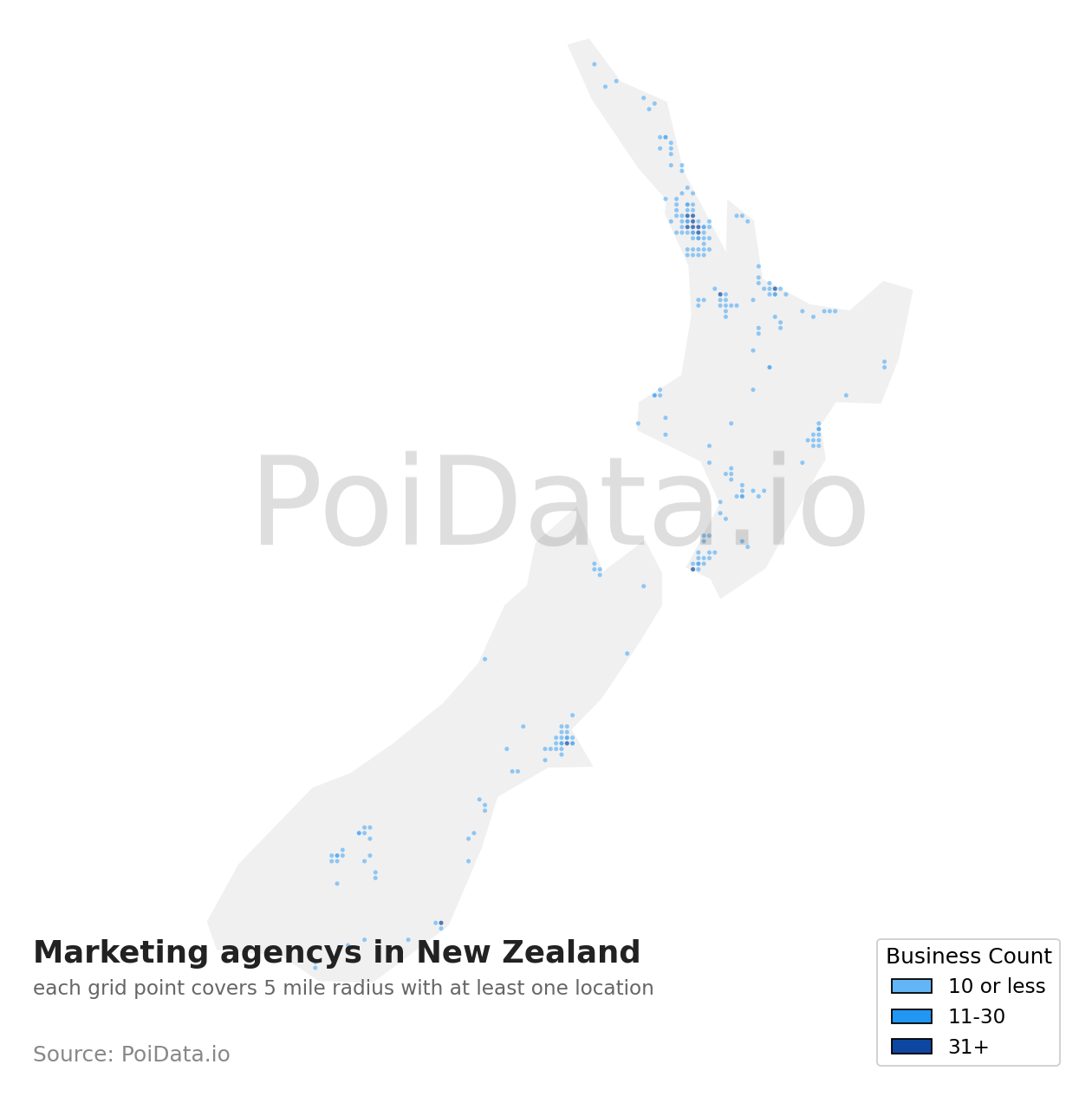 Marketing agency density map for New Zealand