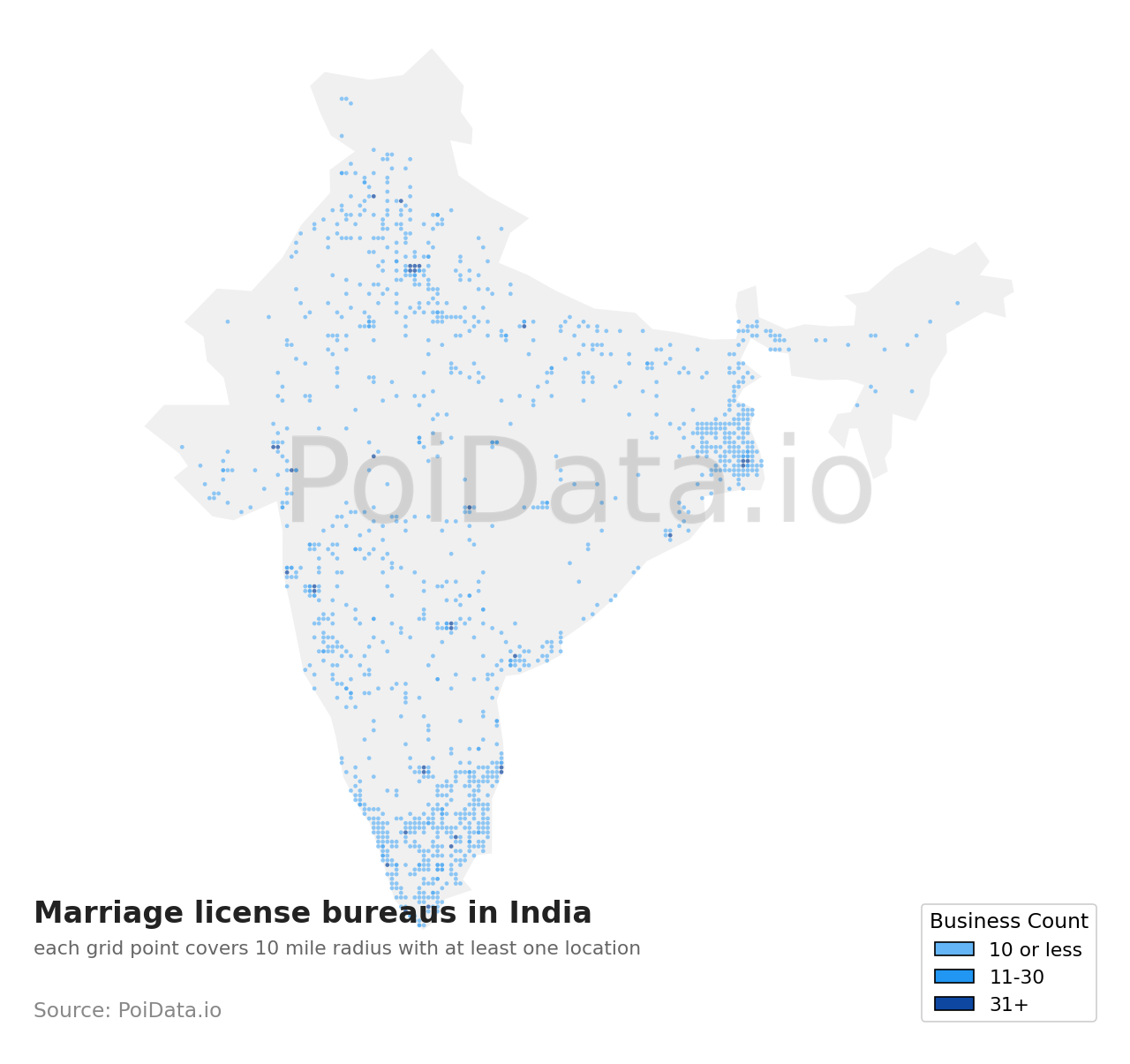 Marriage license bureau density map for India