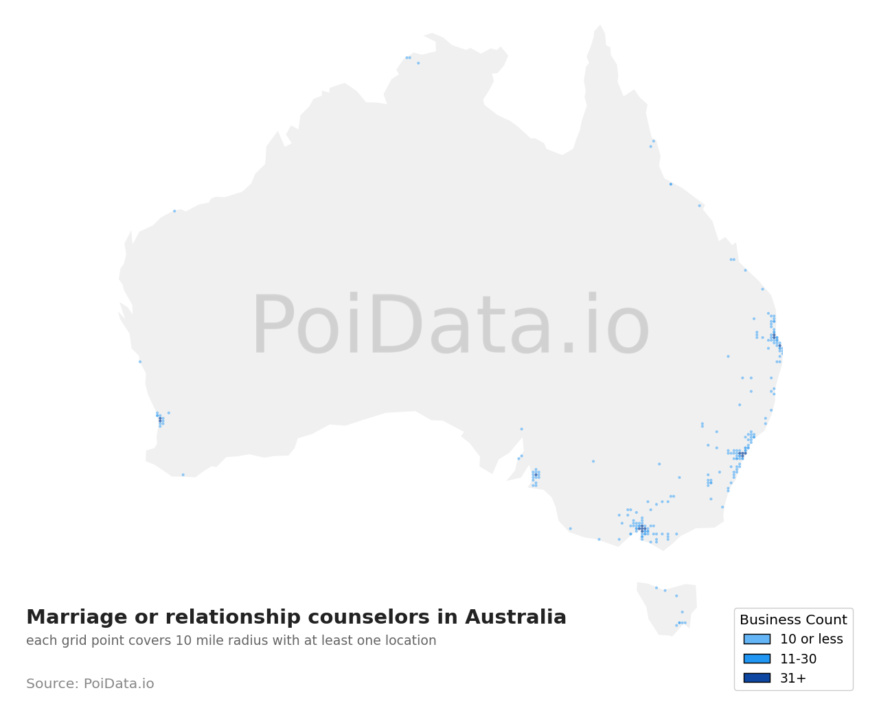 Marriage or relationship counselor density map for Western Australia, Australia
