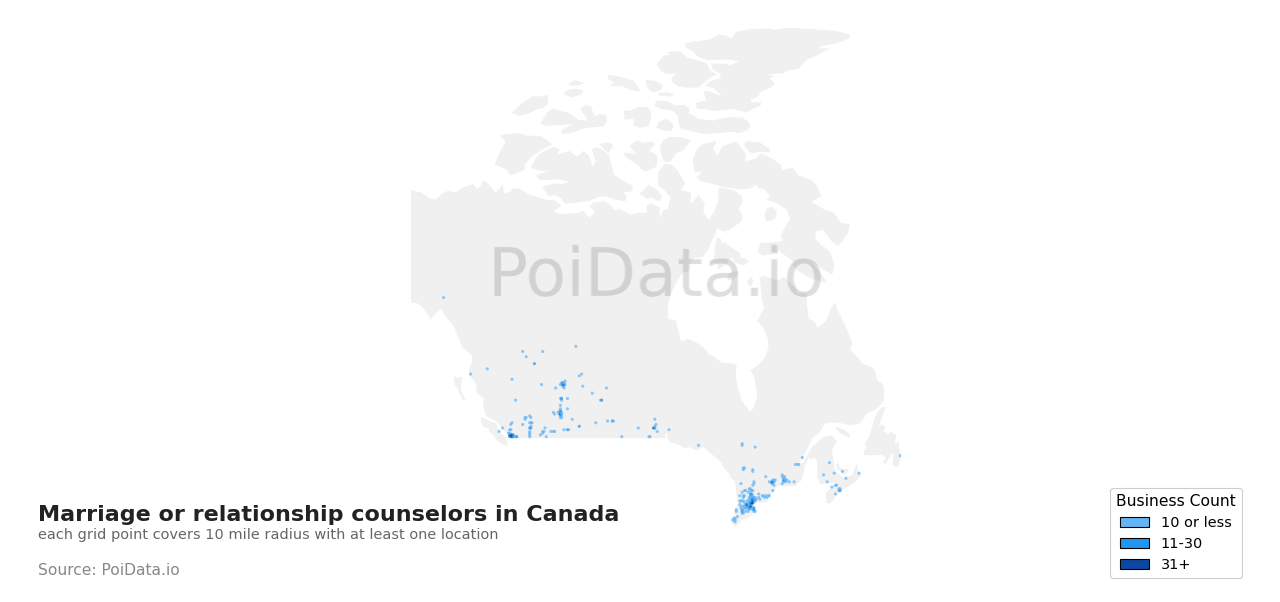 Marriage or relationship counselor density map for New Brunswick, Canada