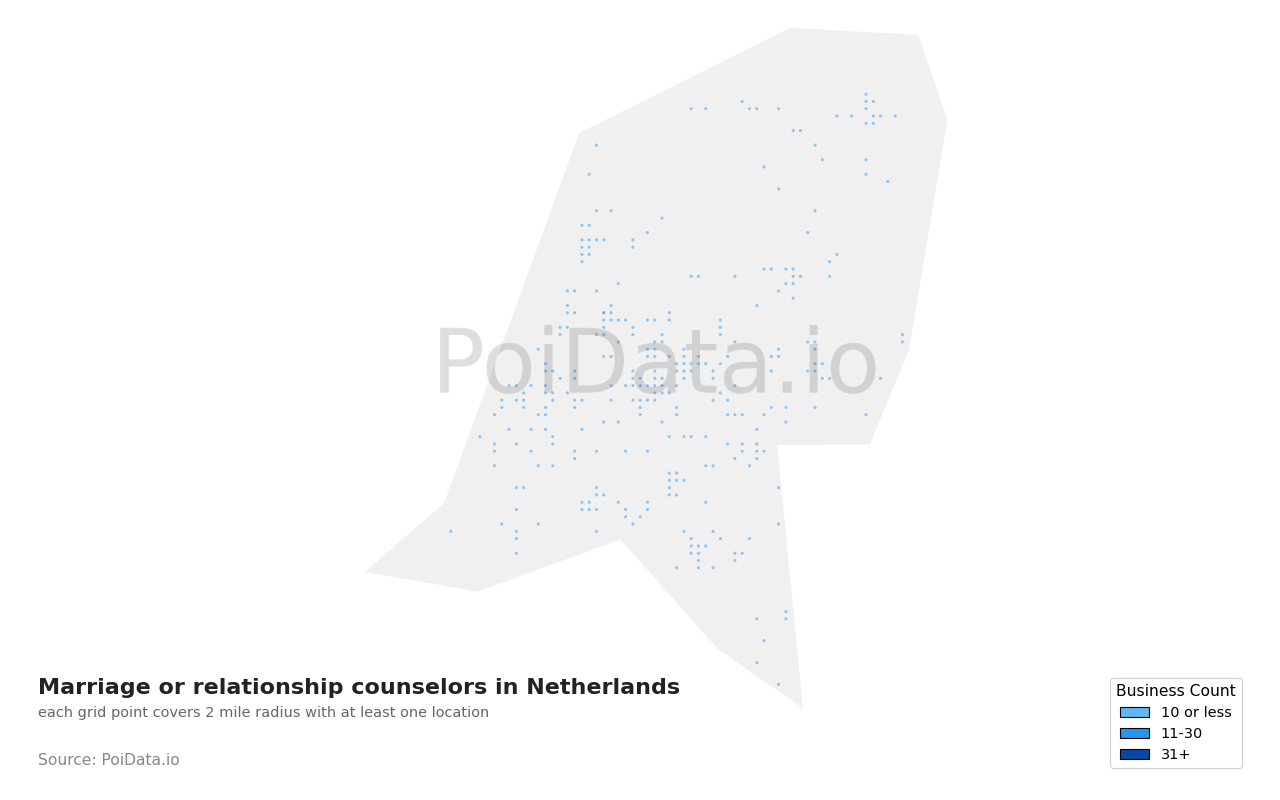 Marriage or relationship counselor density map for Netherlands