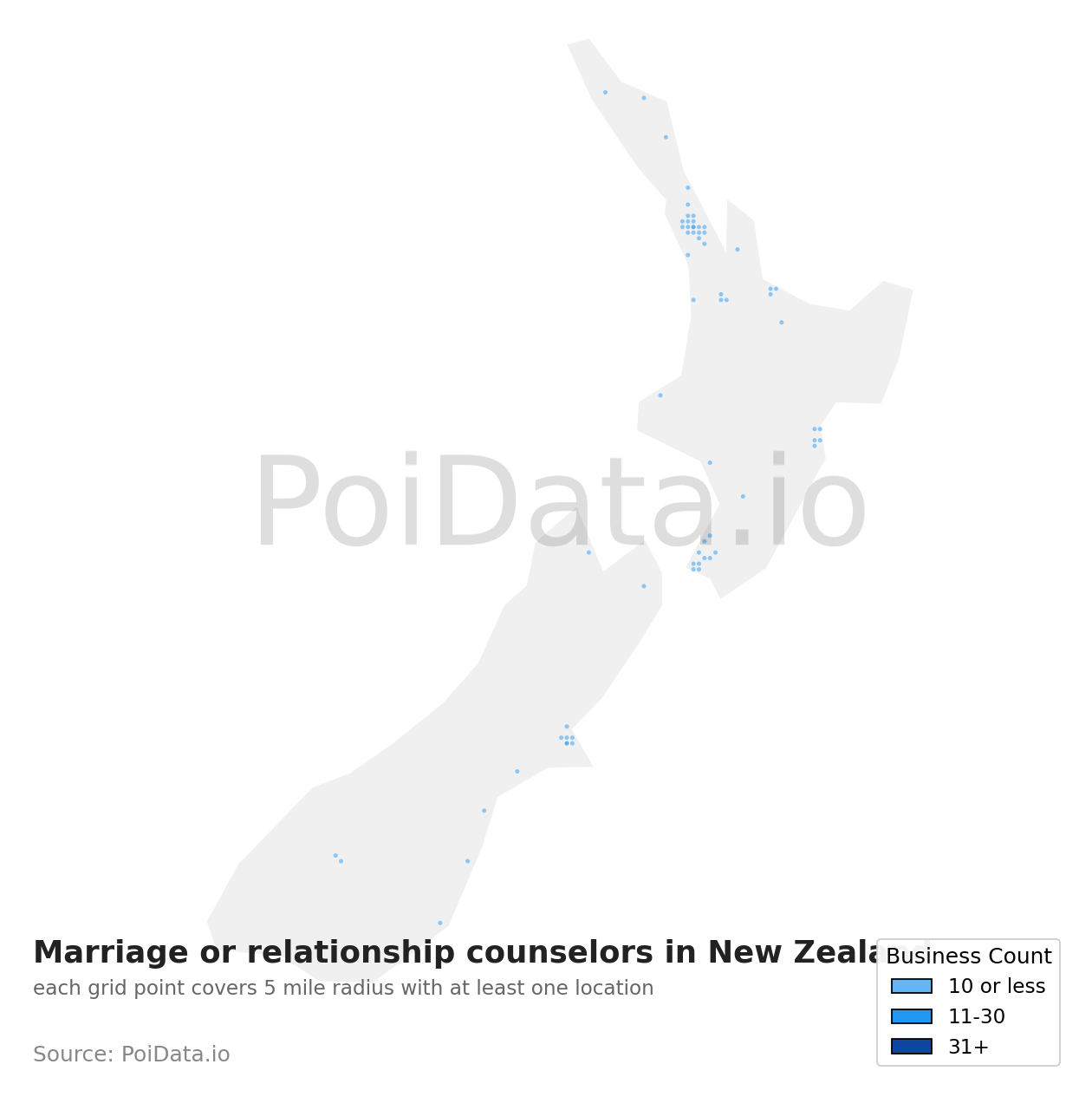 Marriage or relationship counselor density map for New Zealand