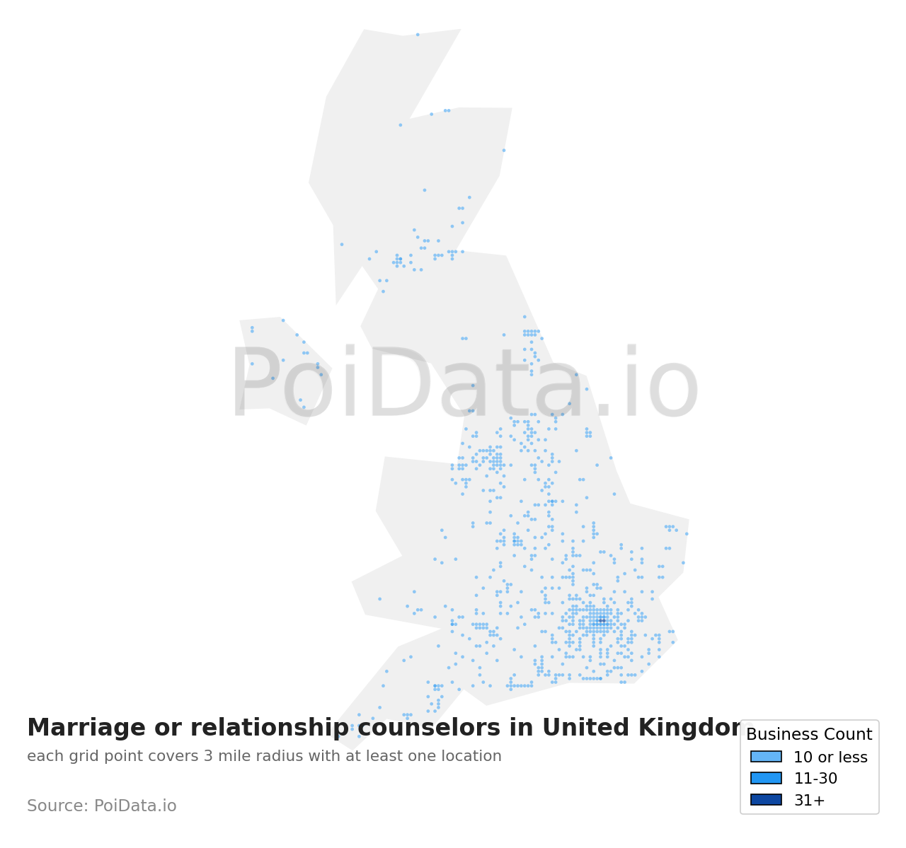 Marriage or relationship counselor density map for United Kingdom