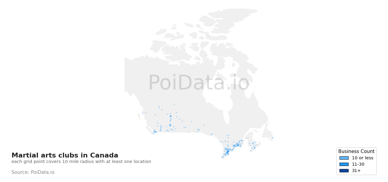 Martial arts club density map for Canada