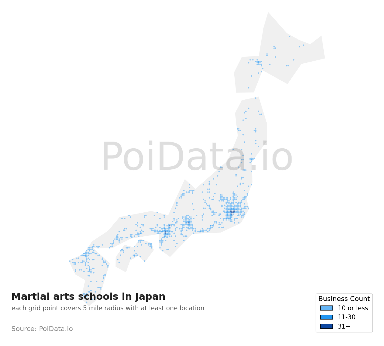Martial arts school density map for Osaka, Japan