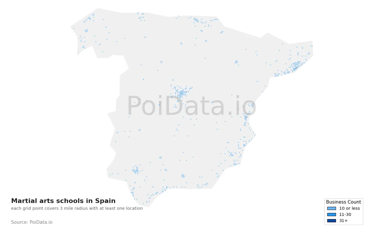 Martial arts school density map for Spain
