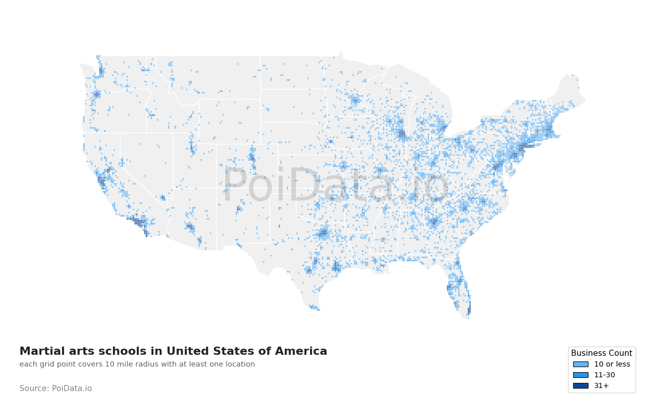 Martial arts school density map for United States