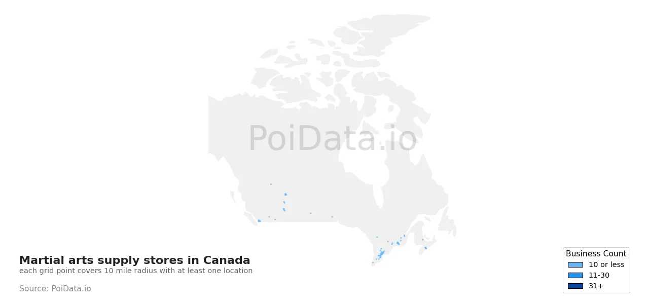 Martial arts supply store density map for Canada
