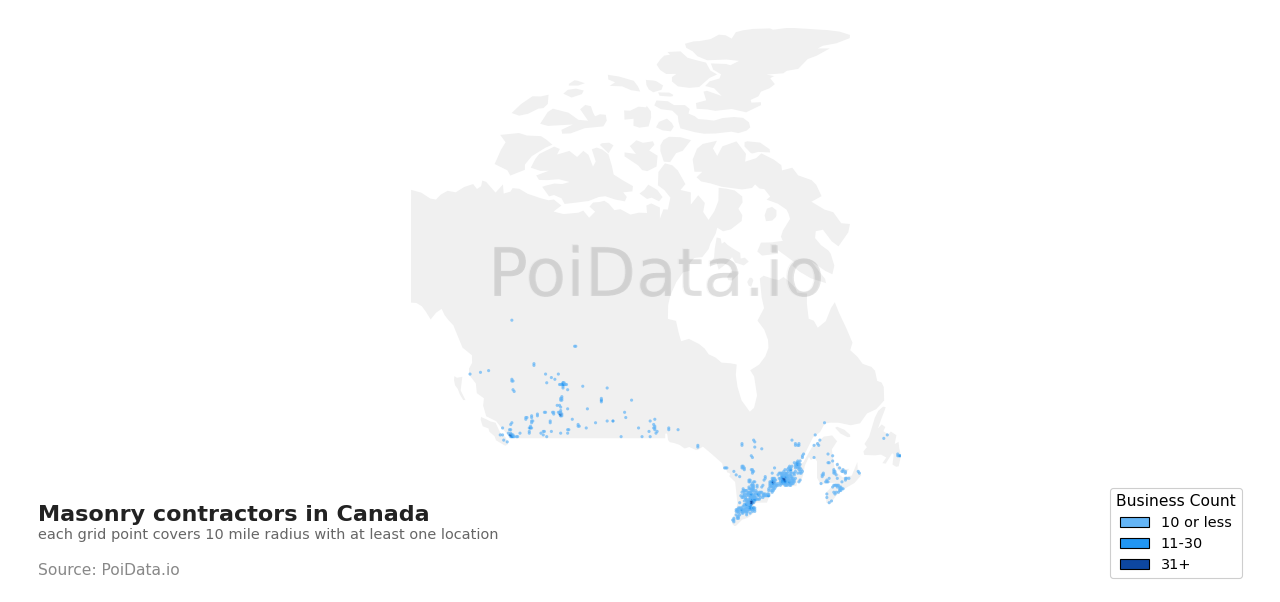 Masonry contractor density map for Canada