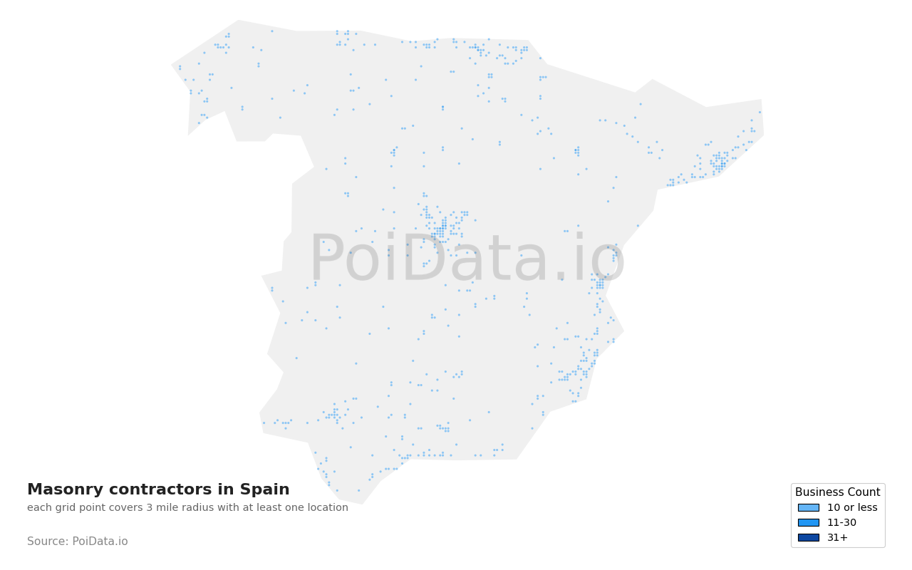 Masonry contractor density map for Spain
