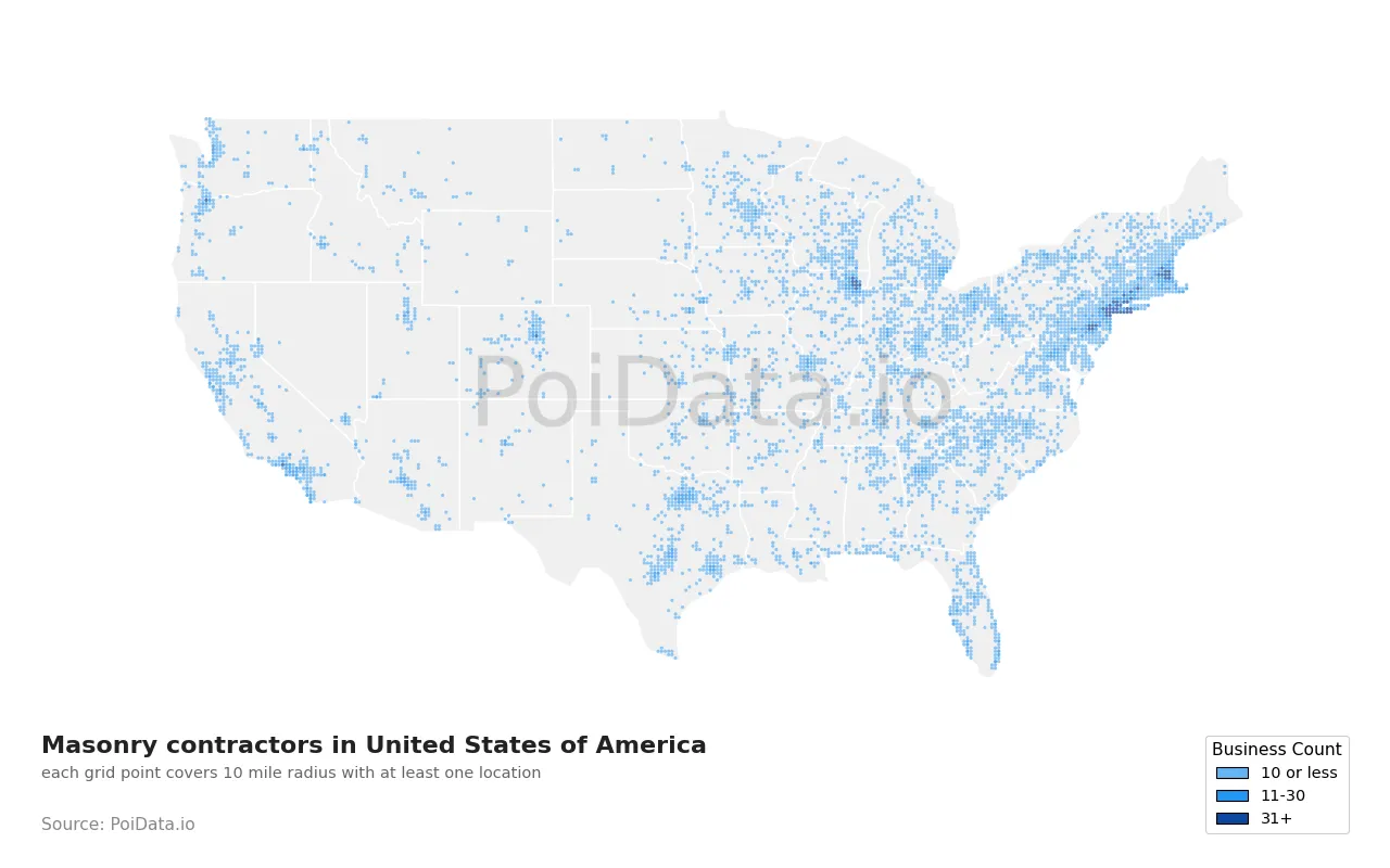 Masonry contractor density map for United States