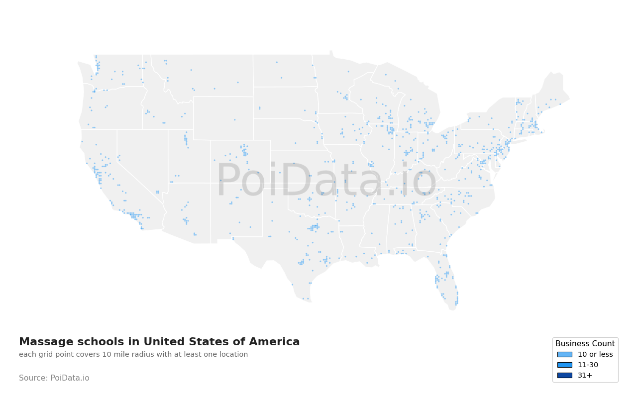 Massage school density map for United States