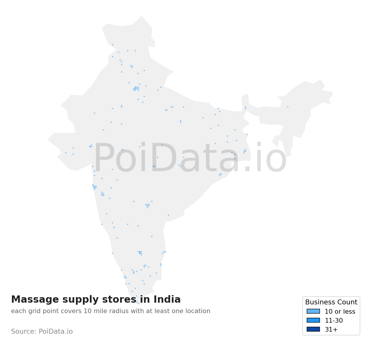 Massage supply store density map for India