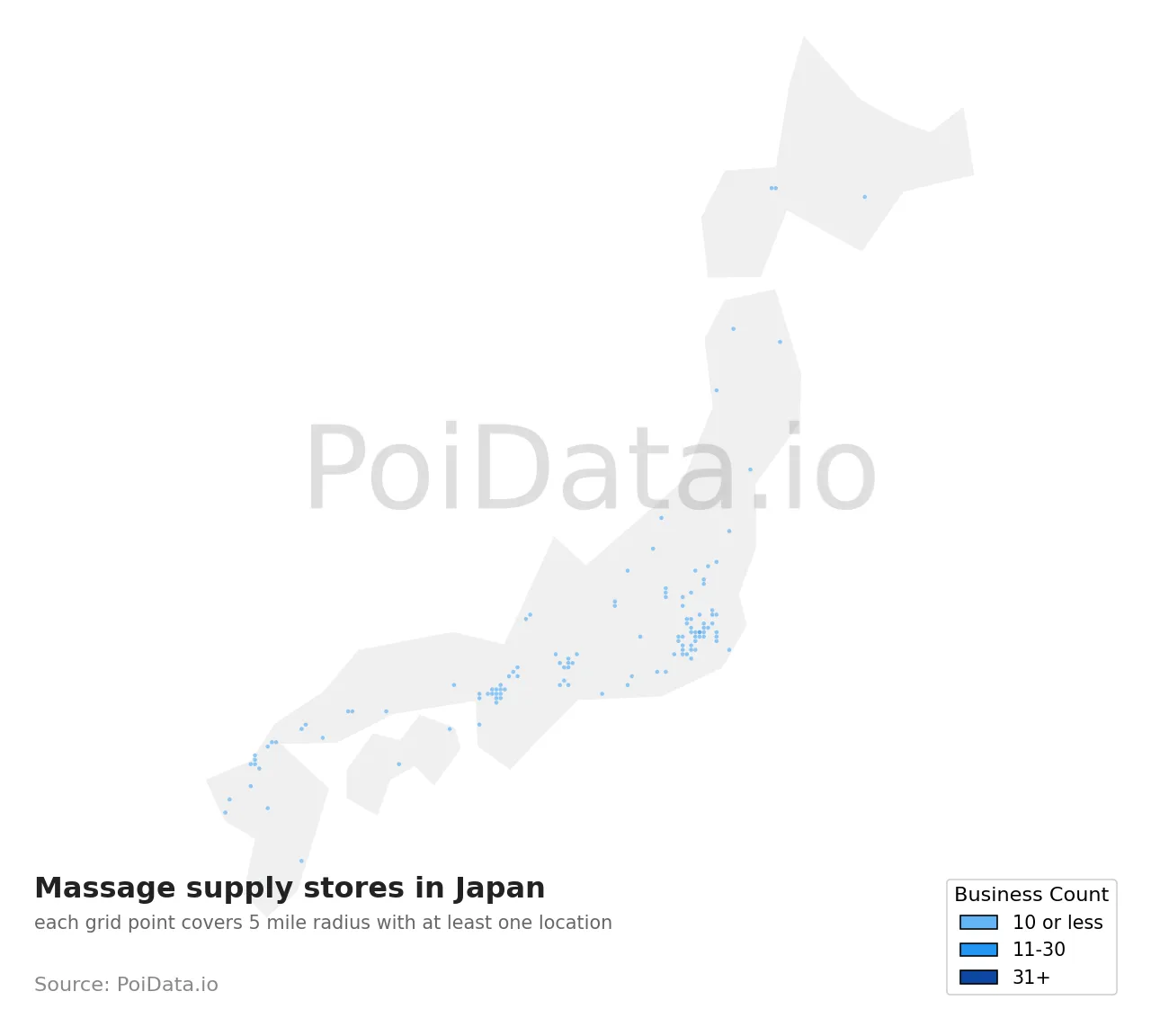 Massage supply store density map for Japan