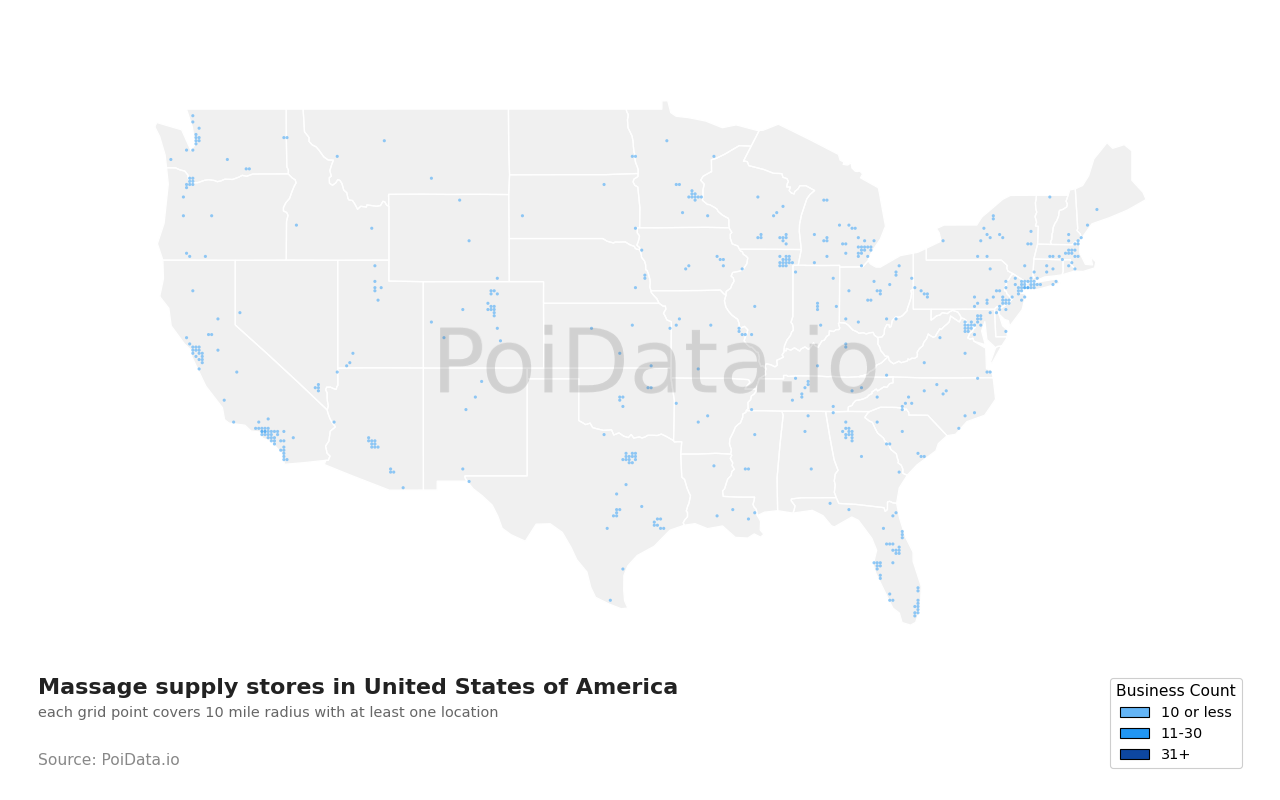 Massage supply store density map for California, United States