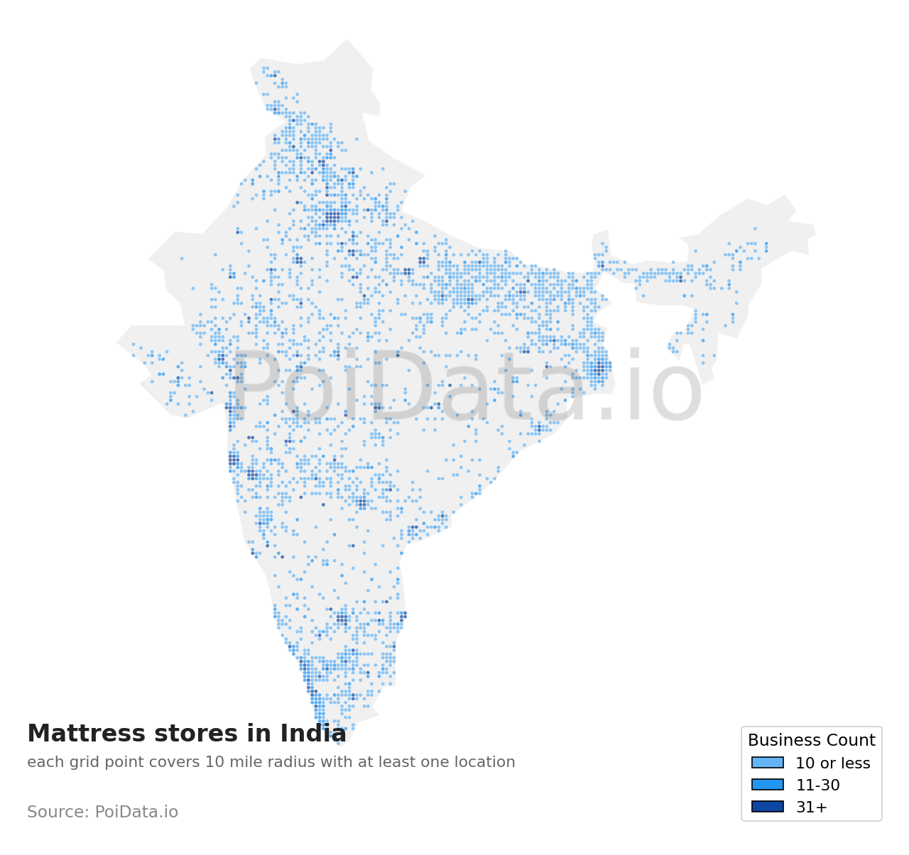 Mattress store density map for India
