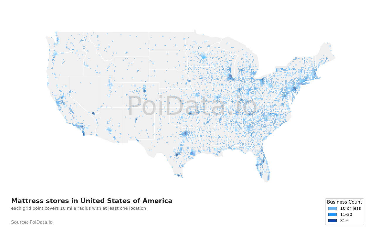 Mattress store density map for Texas, United States