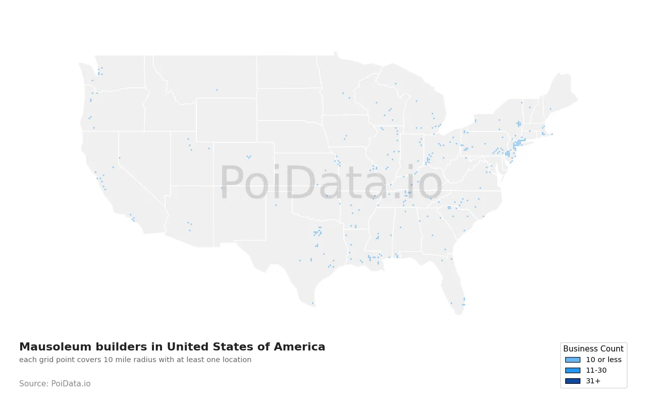 Mausoleum builder density map for United States
