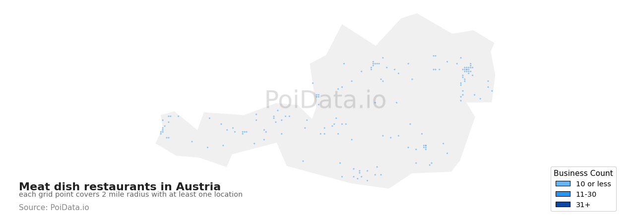 Meat dish restaurant density map for Austria