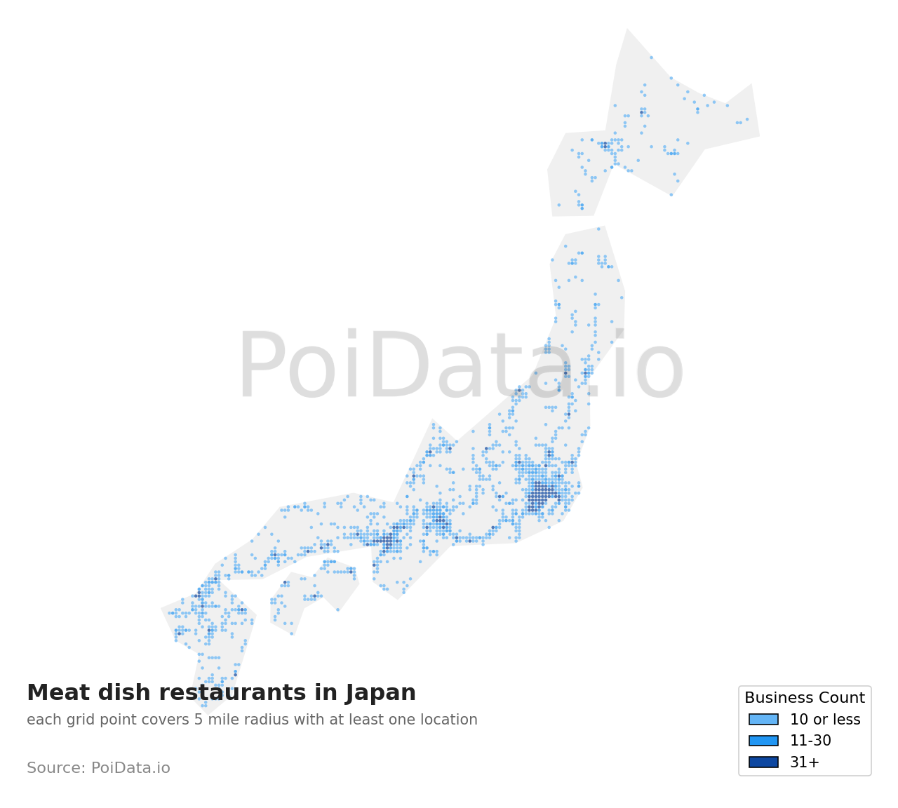 Meat dish restaurant density map for Japan
