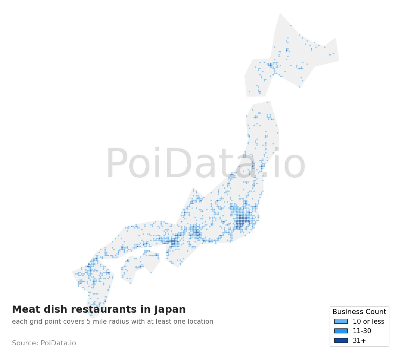 Meat dish restaurant density map for Japan