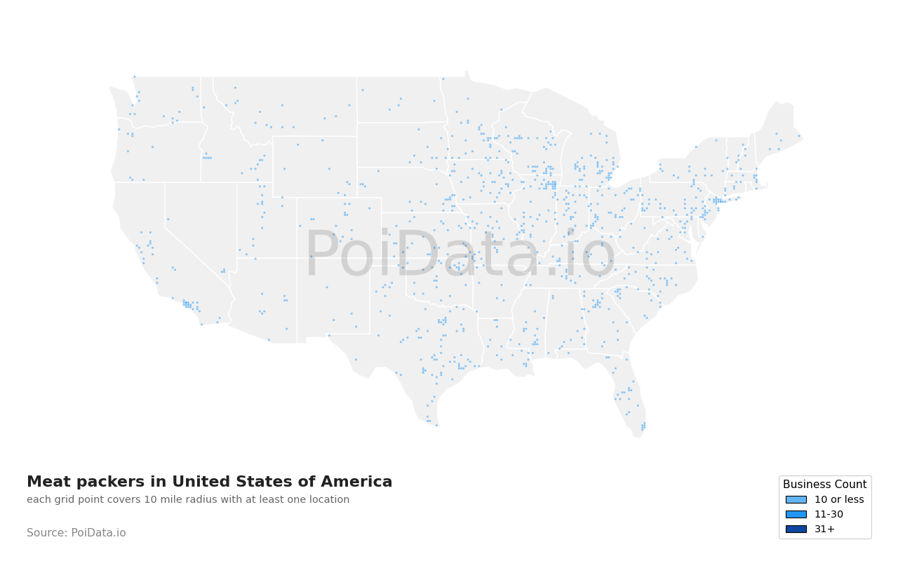 Meat packer density map for Florida, United States