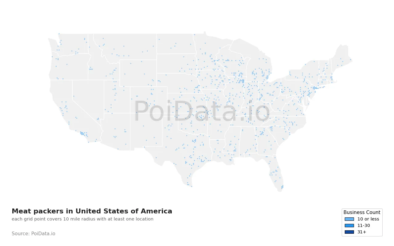 Meat packer density map for United States