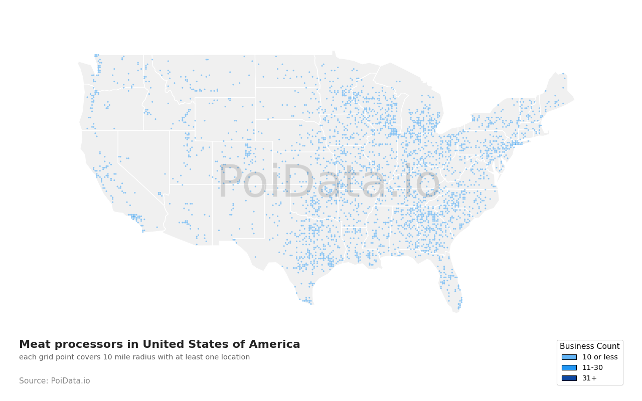 Meat processor density map for United States