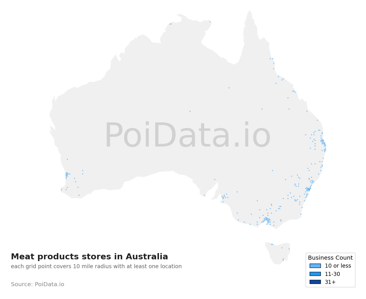 Meat products store density map for Western Australia, Australia