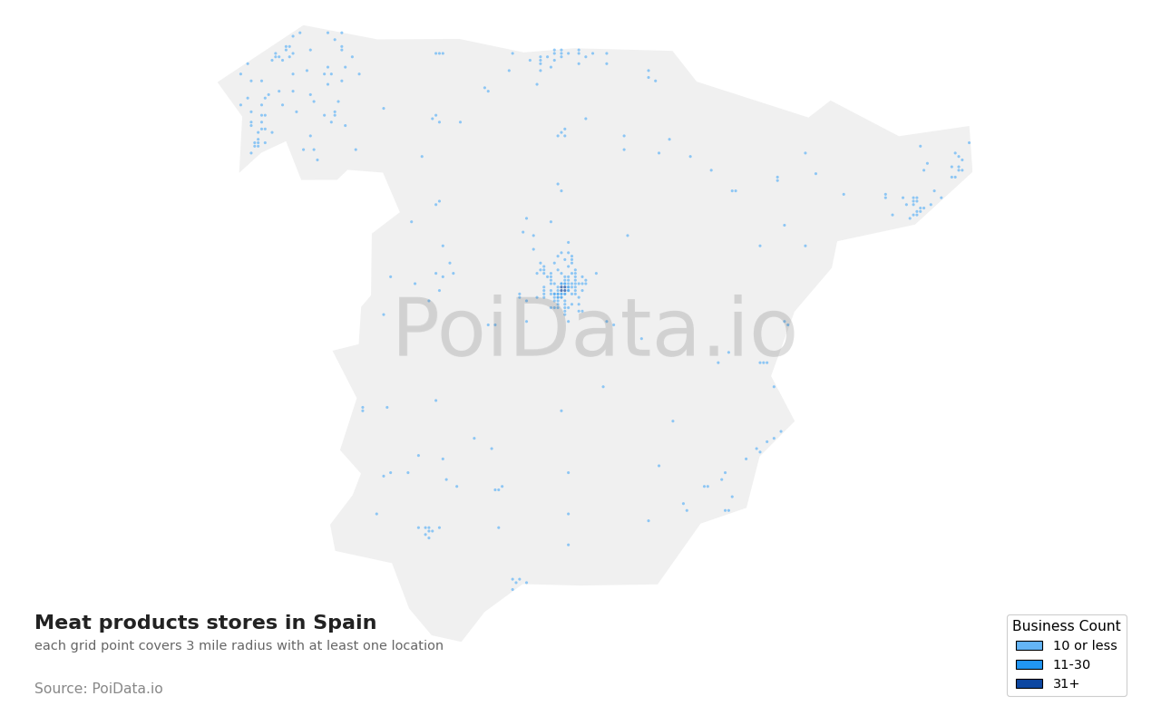 Meat products store density map for Spain