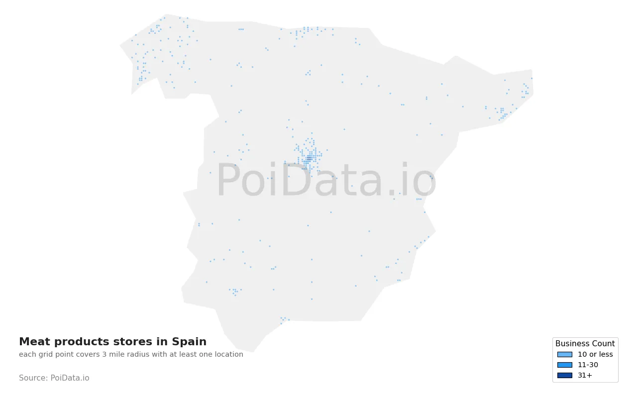 Meat products store density map for Spain