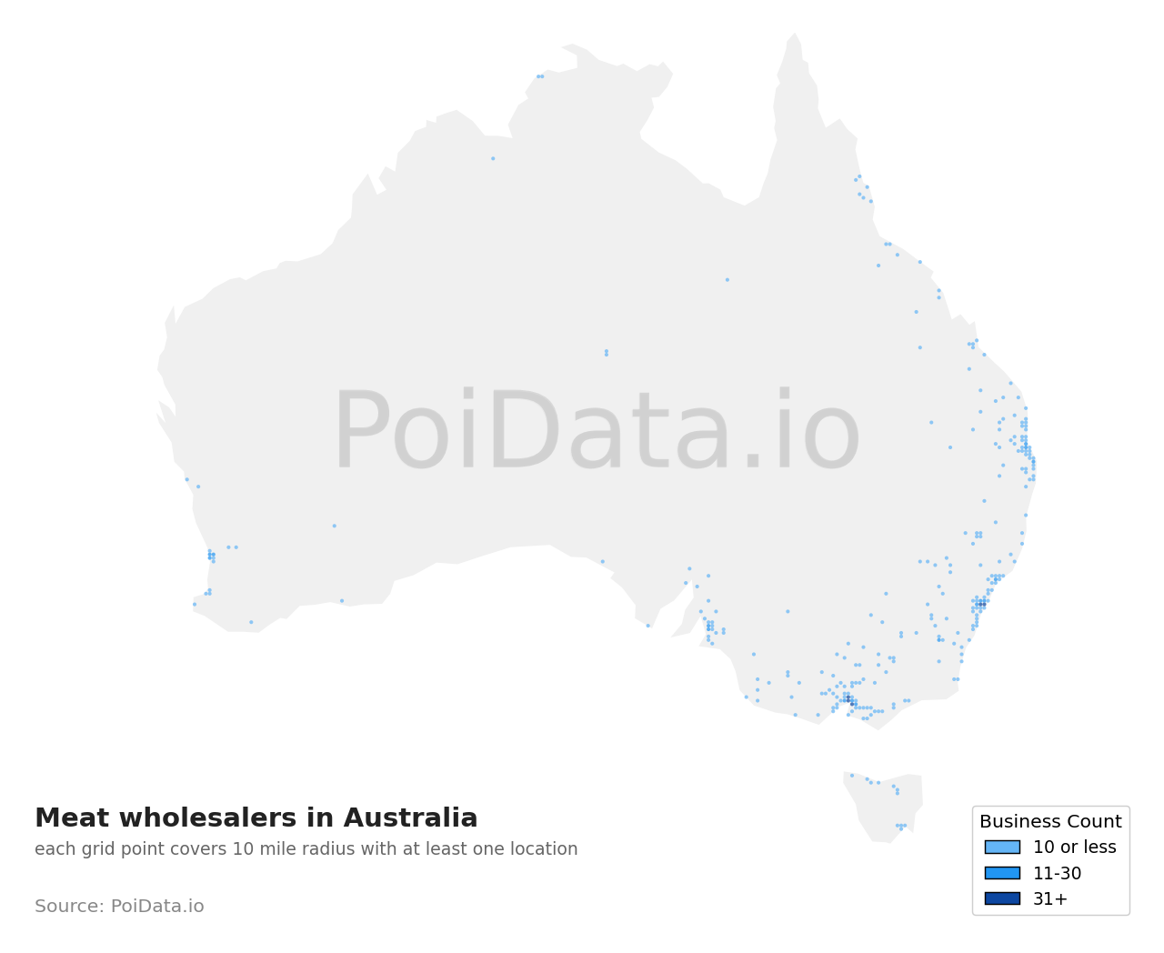 Meat wholesaler density map for Australia