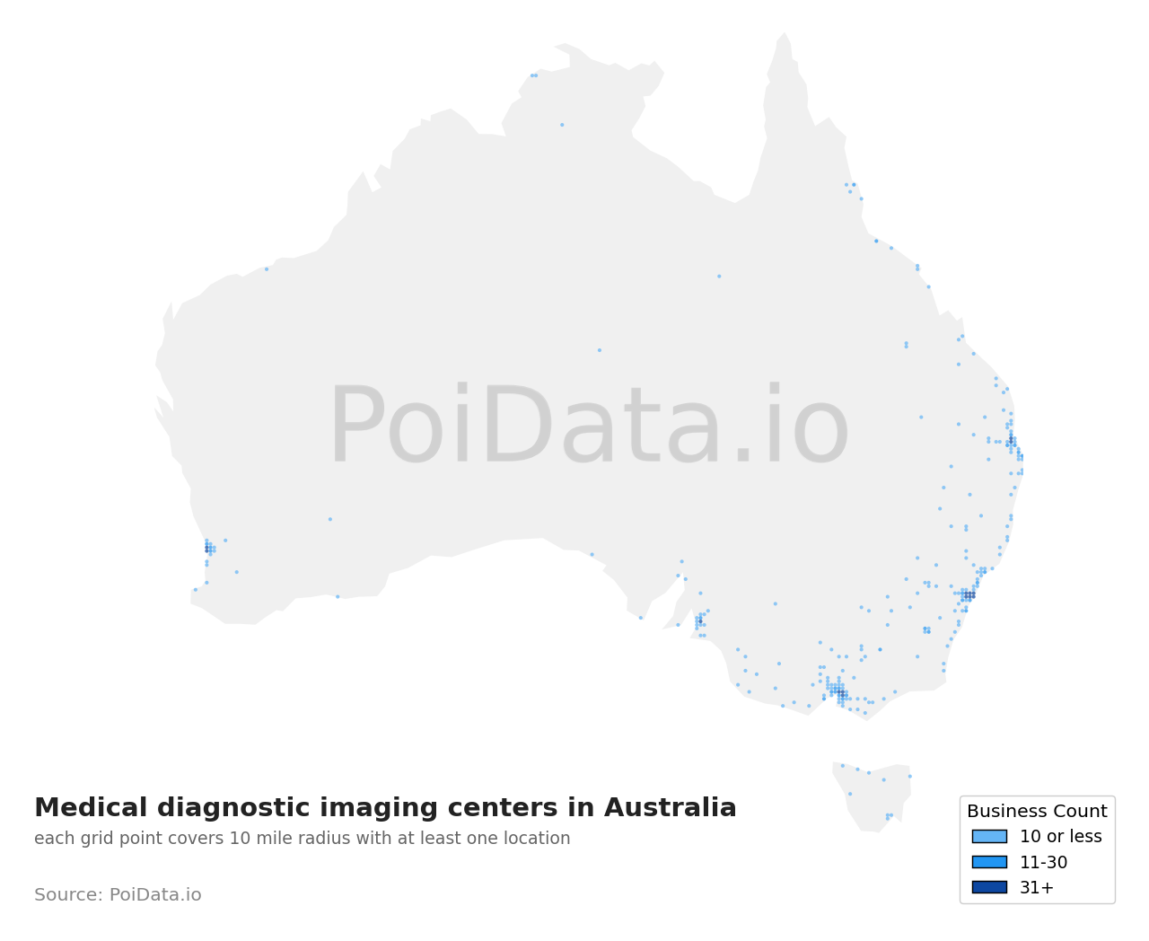 Medical diagnostic imaging center density map for Western Australia, Australia