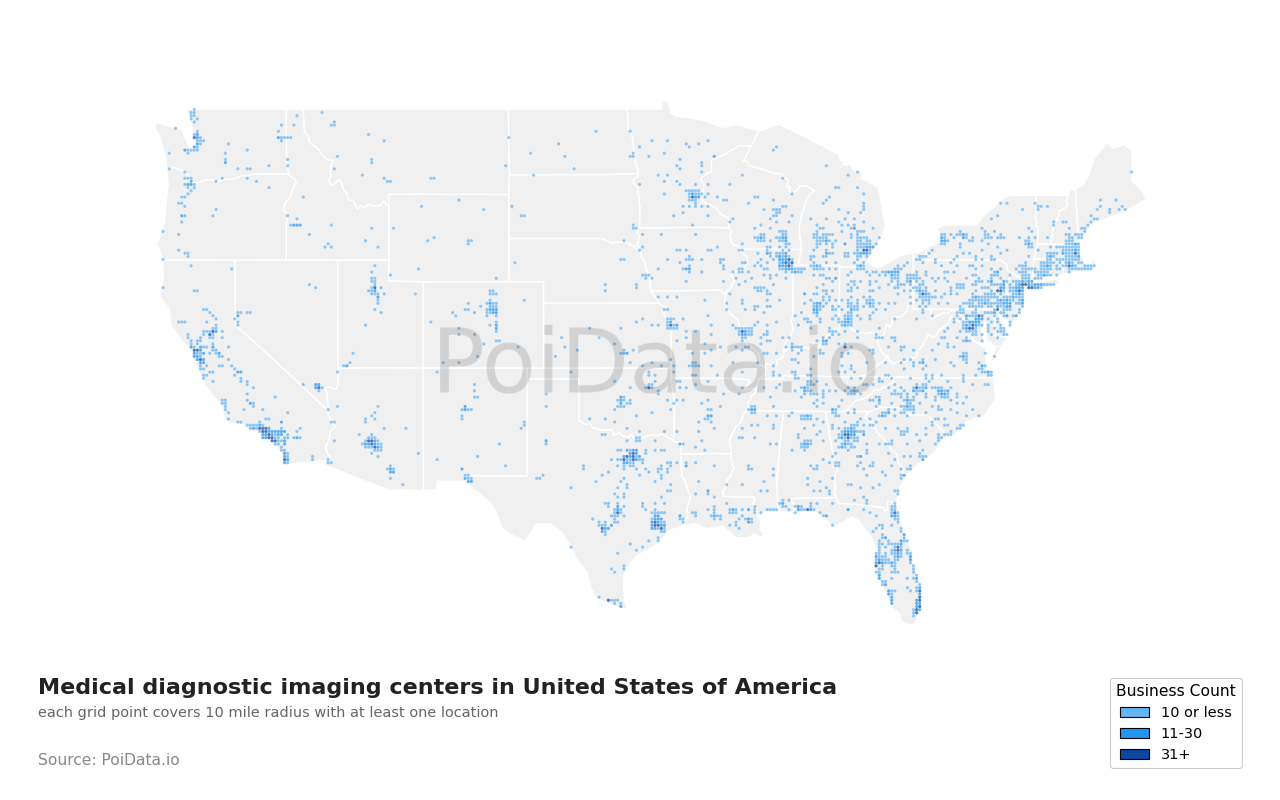 Medical diagnostic imaging center density map for United States