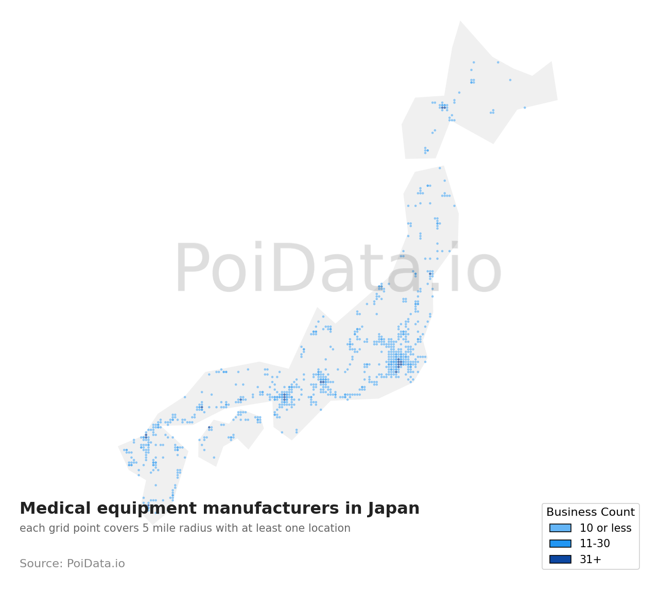 Medical equipment manufacturer density map for Japan