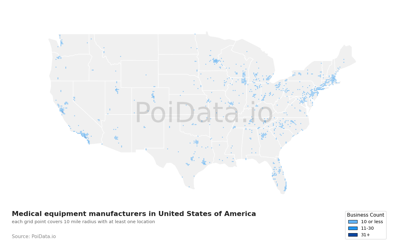 Medical equipment manufacturer density map for North Carolina, United States