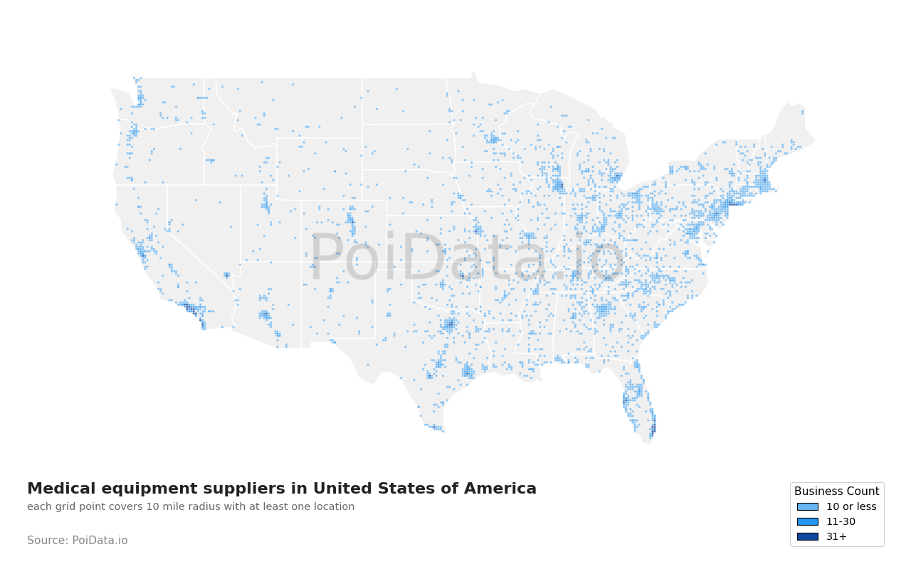 Medical equipment supplier density map for United States