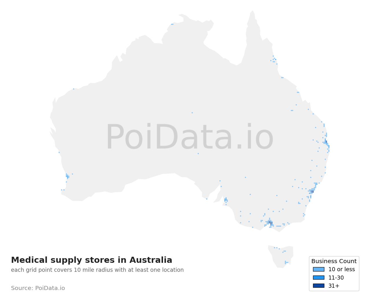 Medical supply store density map for Australia