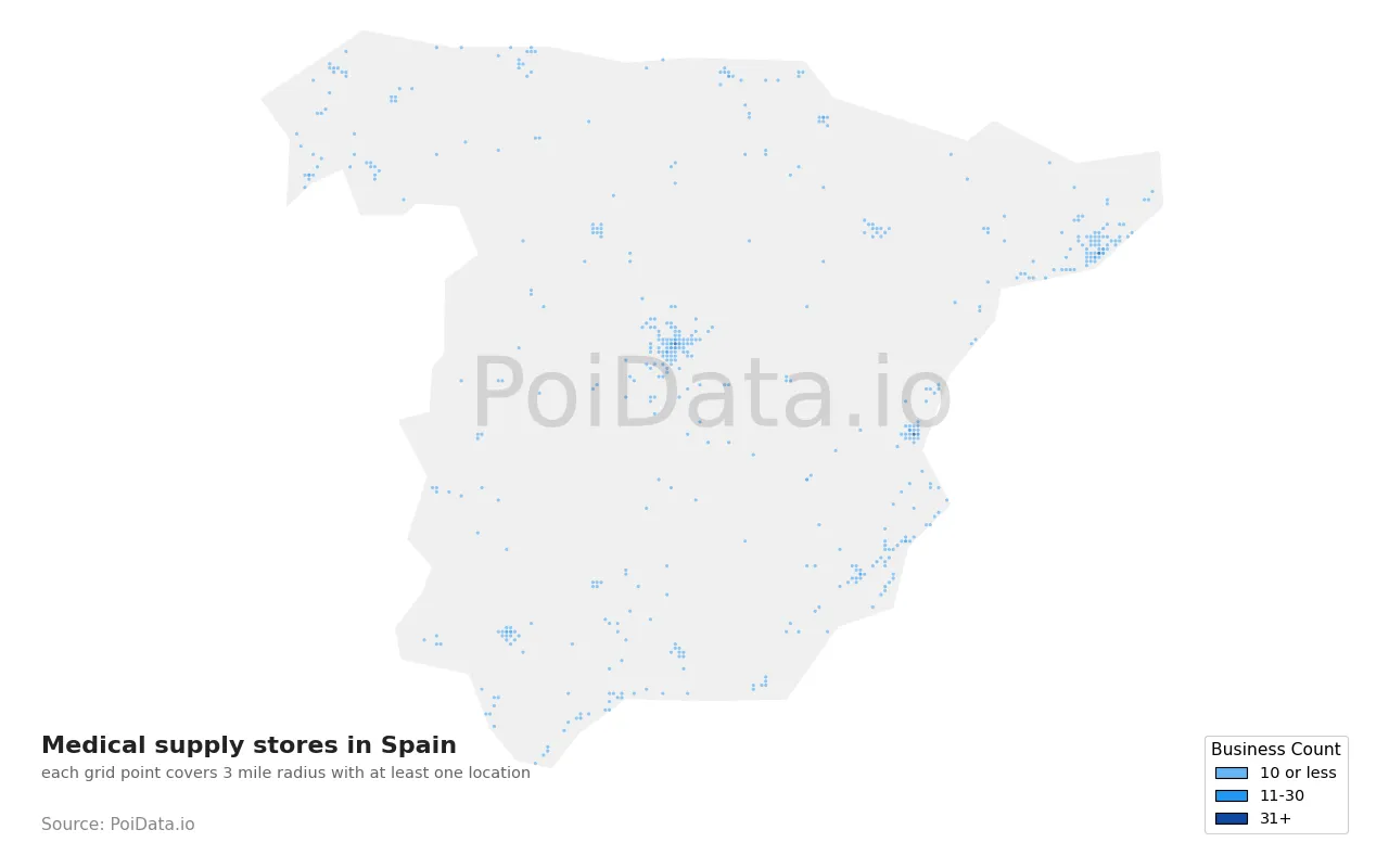 Medical supply store density map for Spain
