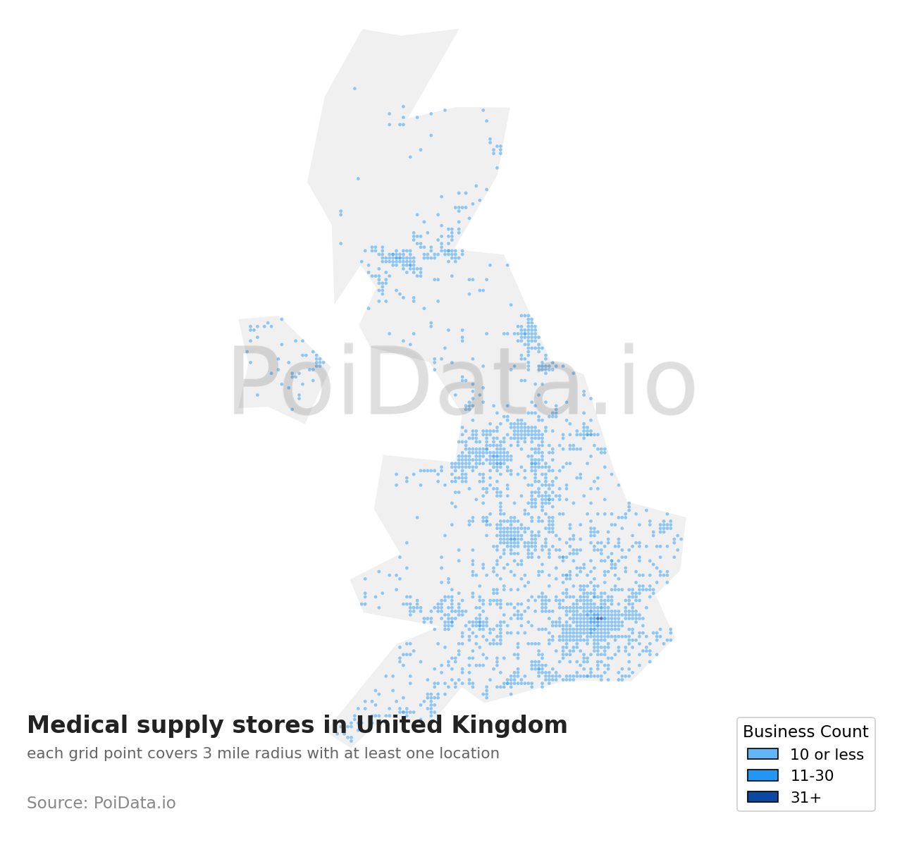 Medical supply store density map for United Kingdom