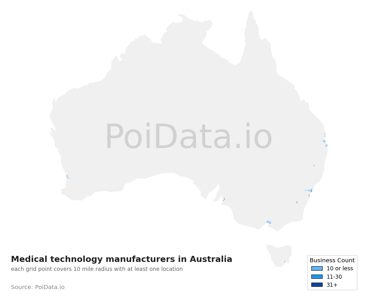 Medical technology manufacturer density map for Western Australia, Australia